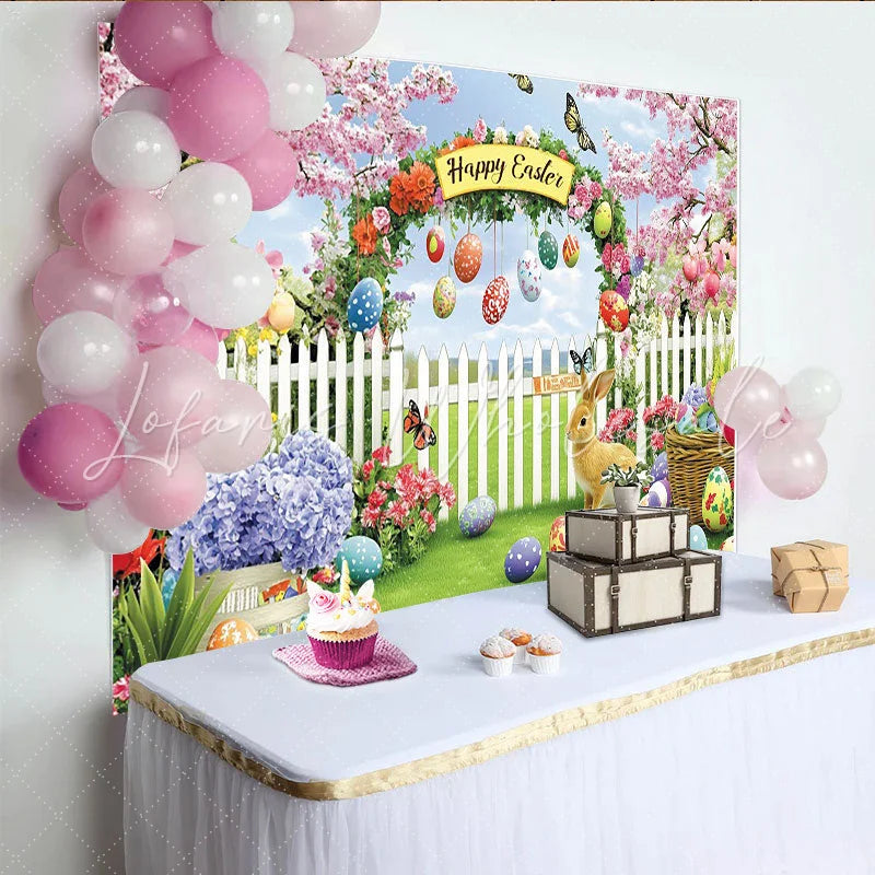 Lofaris Happy Easter Garden Backdrop with Cherry Blossoms and Rabbit Colorful Eggs and Spring Flowers Photo Background