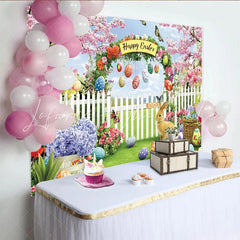 Lofaris Happy Easter Garden Backdrop with Cherry Blossoms and Rabbit Colorful Eggs and Spring Flowers Photo Background