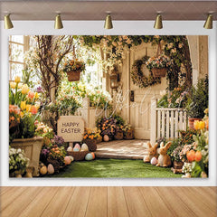 Lofaris Happy Easter Porch Backdrop with Bunnies Eggs and Spring Flowers Festive Photography Background for Holiday Decor