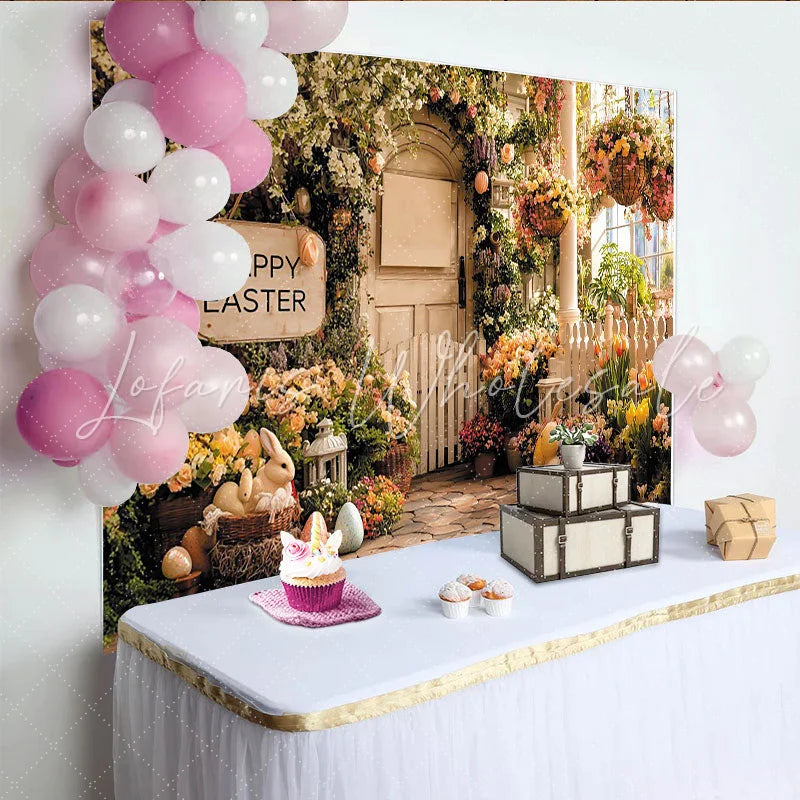 Lofaris Happy Easter Spring Floral Photography Backdrop with Bunnies and Eggs Rustic Fence Background for Holiday Party Decor.