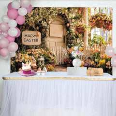 Lofaris Happy Easter Spring Floral Photography Backdrop with Bunnies and Eggs Rustic Fence Background for Holiday Party Decor.