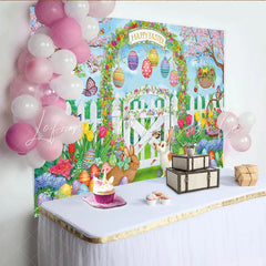 Lofaris Happy Easter Spring Garden Backdrop with Cute Bunnies Eggs Festive Photography Background for Party Decor Photoshoot