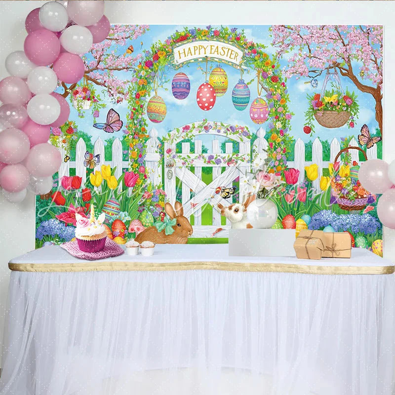 Lofaris Happy Easter Spring Garden Backdrop with Cute Bunnies Eggs Festive Photography Background for Party Decor Photoshoot