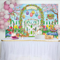 Lofaris Happy Easter Spring Garden Backdrop with Cute Bunnies Eggs Festive Photography Background for Party Decor Photoshoot