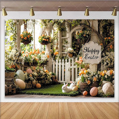 Lofaris Happy Easter Spring Garden Backdrop with White Picket Fence Colorful Flowers and Cute Bunnies Photo Background