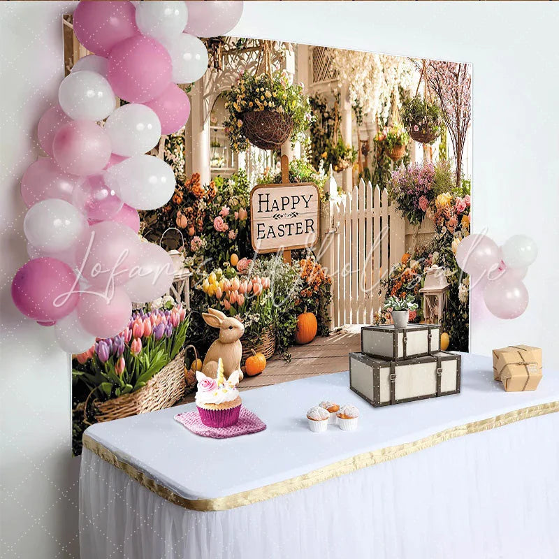 Lofaris Happy Easter Spring Porch Backdrop with Colorful Flowers Bunny and Picket Fence Festive Holiday Background for Photoshoot