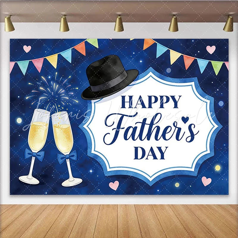 Lofaris Happy Father’s Day Backdrop with Blue Night Sky Fedora Hat and Champagne Flutes Festive Party Background Decor