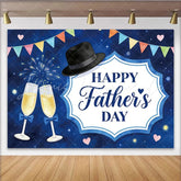 Lofaris Happy Father’s Day Backdrop with Blue Night Sky Fedora Hat and Champagne Flutes Festive Party Background Decor