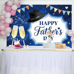 Lofaris Happy Father’s Day Backdrop with Blue Night Sky Fedora Hat and Champagne Flutes Festive Party Background Decor