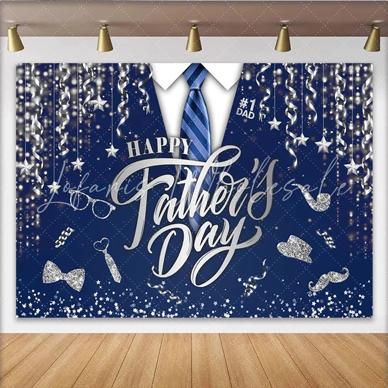 Lofaris Happy Father’s Day Backdrop with Blue Tie and Silver Glitter Elegant Party Background for Dad Celebration