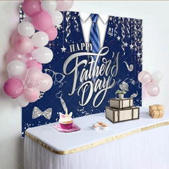 Lofaris Happy Father’s Day Backdrop with Blue Tie and Silver Glitter Elegant Party Background for Dad Celebration