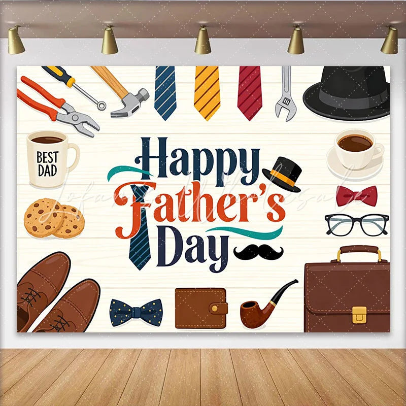 Lofaris Happy Father’s Day Backdrop with Tools Ties and Coffee on Rustic Wood Cartoon Style Party Decoration for Men