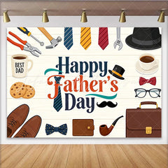 Lofaris Happy Father’s Day Backdrop with Tools Ties and Coffee on Rustic Wood Cartoon Style Party Decoration for Men