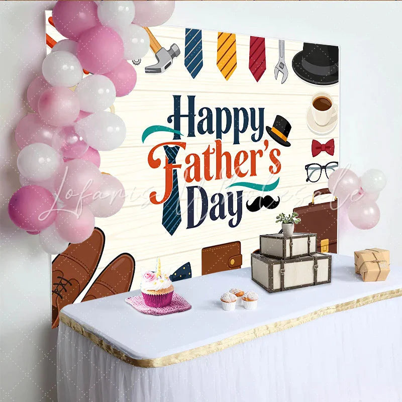 Lofaris Happy Father’s Day Backdrop with Tools Ties and Coffee on Rustic Wood Cartoon Style Party Decoration for Men