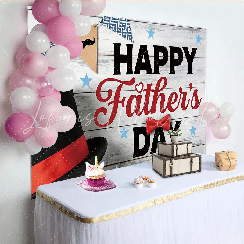 Lofaris Happy Father’s Day Backdrop with White Wood Top Hat and Bow Tie Elegant Mustache Banner Photography Background for Dad’s Party