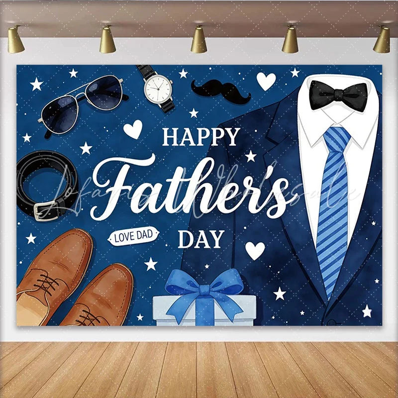 Lofaris Happy Fathers Day Backdrop with Blue Suit Striped Tie and Gift Box Elegant Party Decor for Dad’s Celebration and Studio Photography