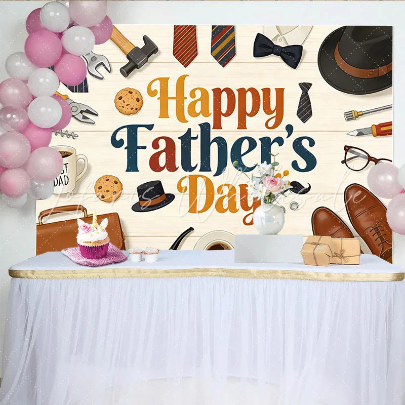 Lofaris Happy Fathers Day Backdrop with Ties Tools and Best Dad Coffee Wood Texture Background for Celebration Party Decor