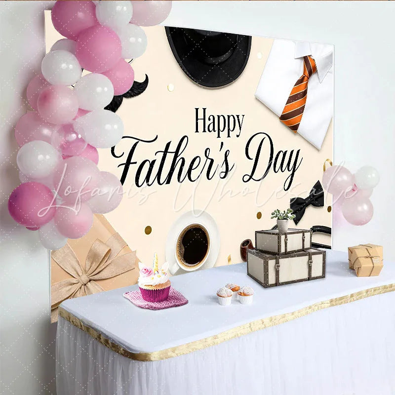 Lofaris Happy Fathers Day Backdrop with Top Hat Striped Tie and Gift Box Elegant Background for Celebration Party Decor