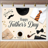 Lofaris Happy Fathers Day Backdrop with Top Hat Striped Tie and Gift Box Elegant Background for Celebration Party Decor