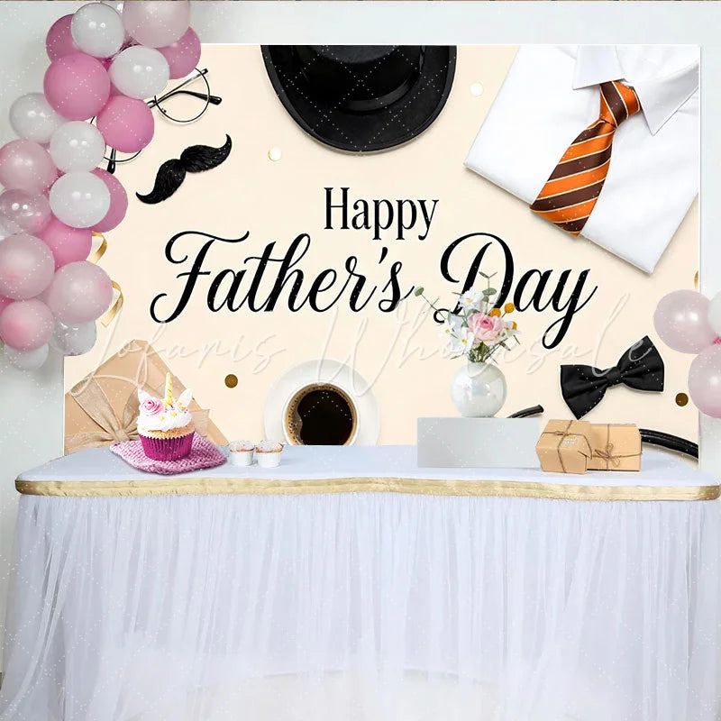 Lofaris Happy Fathers Day Backdrop with Top Hat Striped Tie and Gift Box Elegant Background for Celebration Party Decor