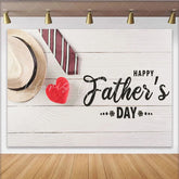 Lofaris Happy Fathers Day Photography Backdrop with Hat Tie and Red Heart White Wood Background for Celebration Party Decor