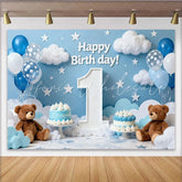 Lofaris Happy First Birthday Blue Sky Party Backdrop with Clouds Stars Balloons and Teddy Bears