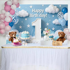Lofaris Happy First Birthday Blue Sky Party Backdrop with Clouds Stars Balloons and Teddy Bears