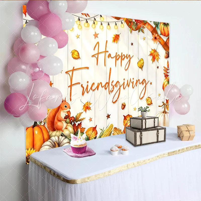 Lofaris Happy Friendsgiving Thanksgiving Backdrop with Autumn Leaves and Pumpkins Festive Harvest Party Decor for Dinner Celebration