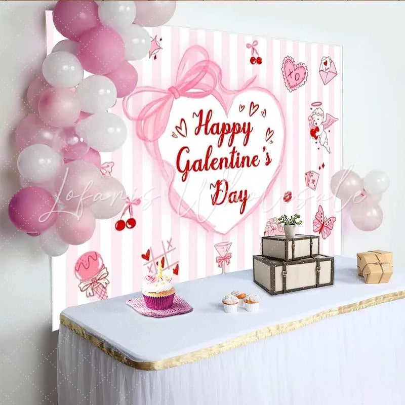 Lofaris Happy Galentine Day Backdrop Pink Striped Hearts and Cupid Party Decoration for Women