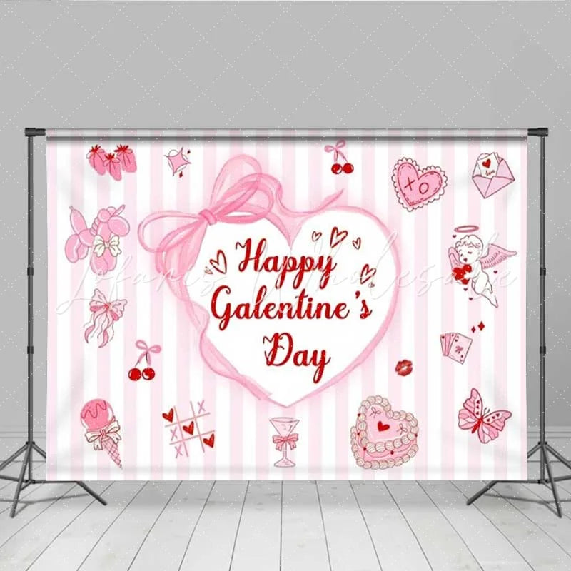 Lofaris Happy Galentine Day Backdrop Pink Striped Hearts and Cupid Party Decoration for Women