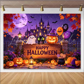 Lofaris Happy Halloween Backdrop with Cute Ghost and Black Cat Purple Night Sky Photography Background for Party Decor.