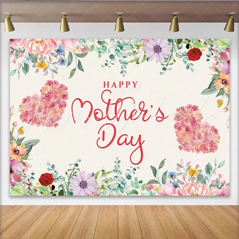 Lofaris Happy Mother’s Day Floral Photography Backdrop with Heart Roses and Greenery Elegant Party Decor for Mom Celebration