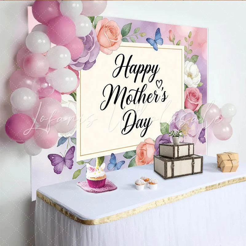 Lofaris Happy Mothers Day Backdrop with Watercolor Flowers and Butterflies Elegant Floral Background for Festive Celebration and Photoshoot