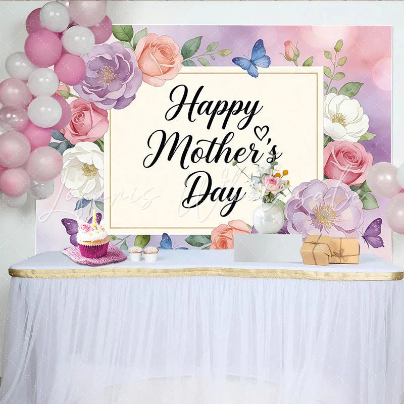 Lofaris Happy Mothers Day Backdrop with Watercolor Flowers and Butterflies Elegant Floral Background for Festive Celebration and Photoshoot