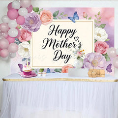 Lofaris Happy Mothers Day Backdrop with Watercolor Flowers and Butterflies Elegant Floral Background for Festive Celebration and Photoshoot
