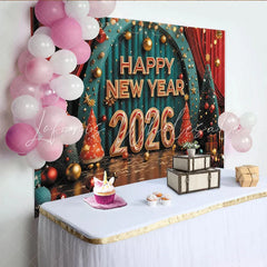 Lofaris Happy New Year 2026 Party Backdrop with Festive Christmas Trees Red Curtains and Golden Ornaments