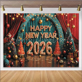 Lofaris Happy New Year 2026 Party Backdrop with Festive Christmas Trees Red Curtains and Golden Ornaments