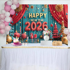 Lofaris Happy New Year 2026 Party Backdrop with Festive Red Teal and Gold Ornaments Christmas Trees and Holiday Decor