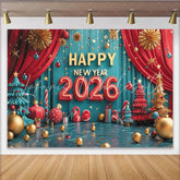 Lofaris Happy New Year 2026 Party Backdrop with Festive Red Teal and Gold Ornaments Christmas Trees and Holiday Decor