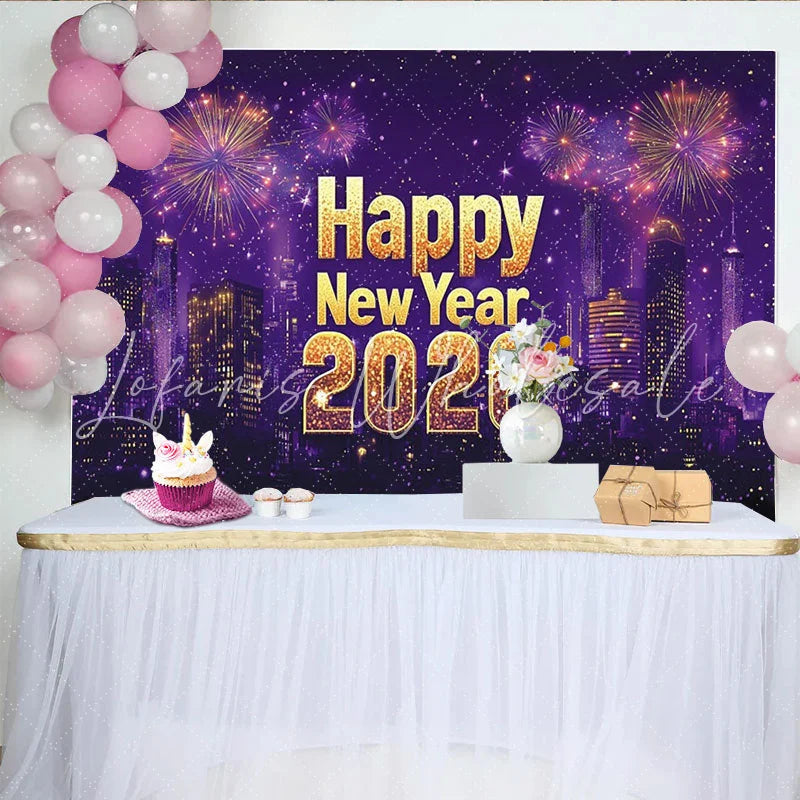 Lofaris Happy New Year 2026 Party Backdrop with Glittering Gold Text City Skyline and Sparkling Light Displays