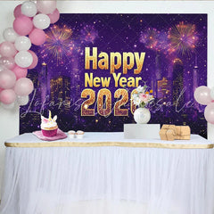 Lofaris Happy New Year 2026 Party Backdrop with Glittering Gold Text City Skyline and Sparkling Light Displays