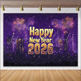 Lofaris Happy New Year 2026 Party Backdrop with Glittering Gold Text City Skyline and Sparkling Light Displays