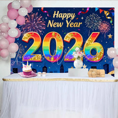 Lofaris Happy New Year 2026 Rainbow Gold Glitter Party Backdrop Festive Fireworks City Celebration