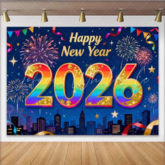 Lofaris Happy New Year 2026 Rainbow Gold Glitter Party Backdrop Festive Fireworks City Celebration