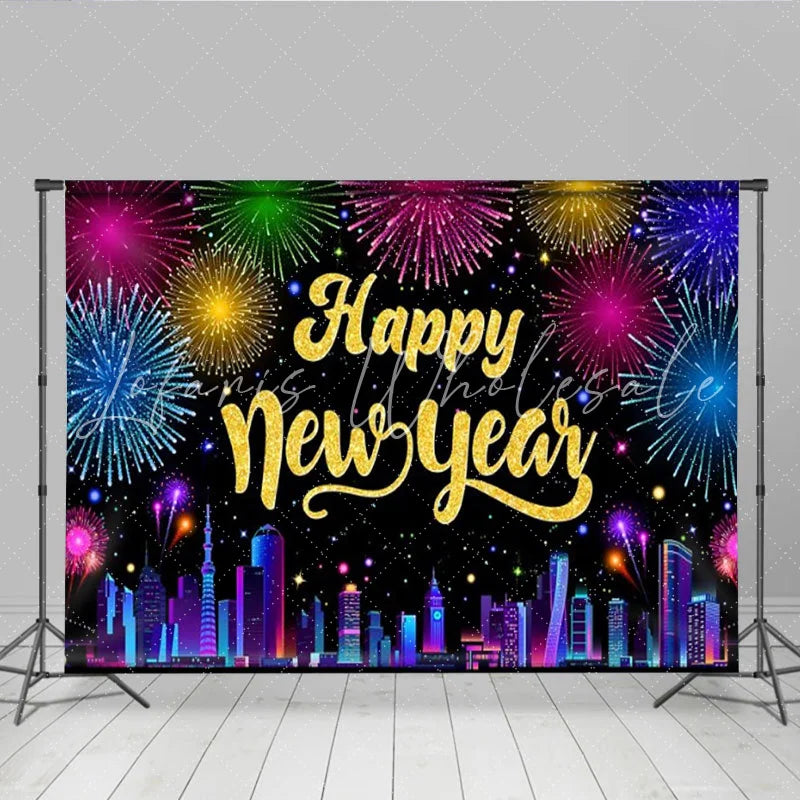 Lofaris Happy New Year Celebration Backdrop Colorful Night Sky Lights City Skyline Background New Year Eve Party Decoration