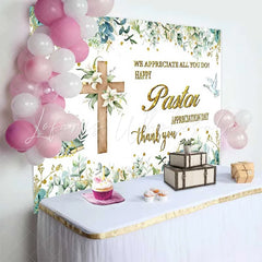 Lofaris Happy Pastor Appreciation Day Backdrop Wooden Cross with Lilies and Doves Church Decoration