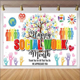 Lofaris Happy Social Work Month Backdrop Colorful Handprint Tree Diverse People Thank You Appreciation Decor