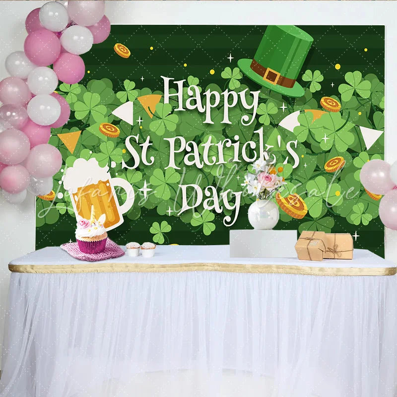 Lofaris Happy St. Patrick’s Day Backdrop Clover Leaves with Beer and Lucky Coins Festive Background