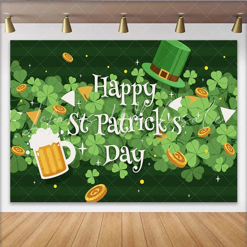 Lofaris Happy St. Patrick’s Day Backdrop Clover Leaves with Beer and Lucky Coins Festive Background