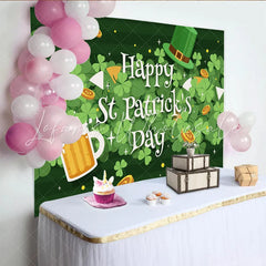 Lofaris Happy St. Patrick’s Day Backdrop Clover Leaves with Beer and Lucky Coins Festive Background